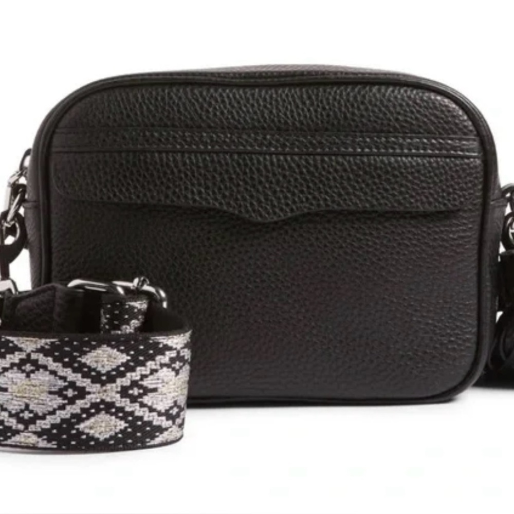 Rebecca Minkoff Black pebbled leather Crossbody Bag  with guitar strap NWOT